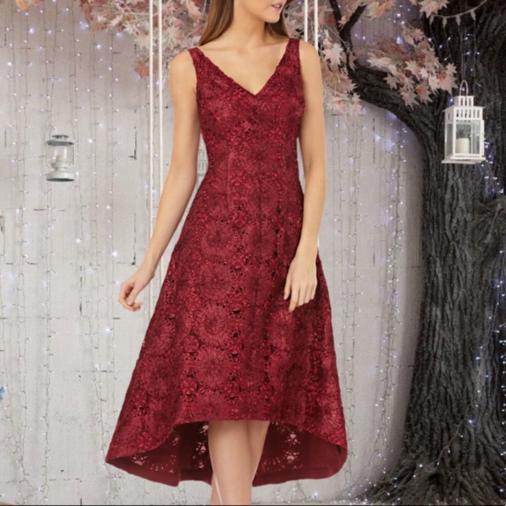 Js Collections pinwheel soutache V-Neck high Low gown